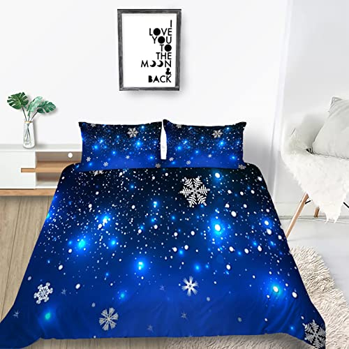 Bettwäsche 220x240 3 teilig Winter Bettbezug 220 x 240 Set mit Kissenbezüge, Winterbettwäsche 240x220 aus Mikrofaser Weich Bettwäsche Set mit Reißverschluss Blaue Schneeflocken