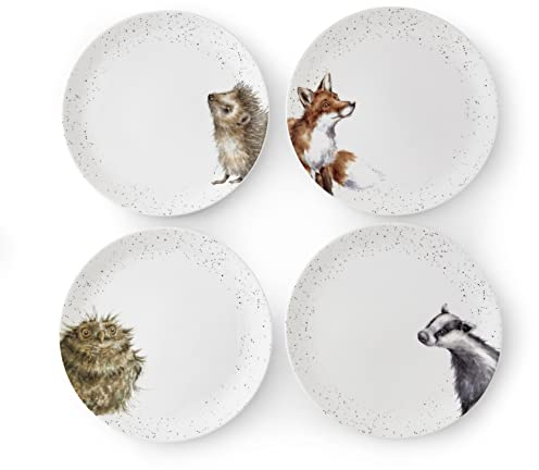 Wrendale Designs Royal Worcester Ceramic Plate in Two Sizes Hedgehog Badger Fox and Owl Set of 4 (26 CM Dinner Plate)