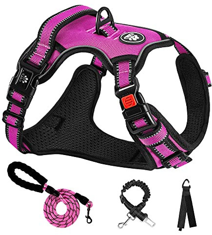 NESTROAD Colliers, Harnais Veste et Laisses Anti Traction pour Chiens Moyen, Couleur Rose Rouge Taille M Arnet pour Chien Le Cou 33~43CM Poitrine 43~64CM, Harnais Chien Voiture, Accessoire Chien