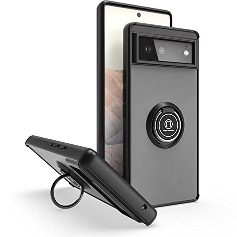 JIEZUIMEI Durchscheinende Handyhülle für Google Pixel 6 Hülle, Ultradünne Stoßfeste Case Matte Harte PC Zurück Cover und Weich Schlank TPU Bumper Schutzhülle mit Ring Ständer Schwarz
