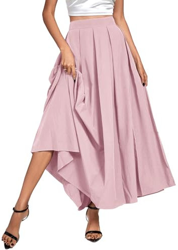 OPOIPIN Damen Casual Plissee Hohe Taille Solide Flowy A Linie Lange Maxi Rock, rosa - dusty pink, Klein