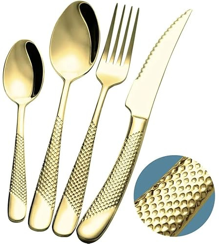 Exeton Luxury Signature16PCS Cutlery Set, for 4 Person, Stainless Steel, Silver, Gold, 2-in-1 Steak Knives, Dishwasher Safe (Signature - Gold, 16)