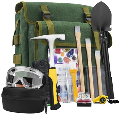 16 PCS Geology Rock Pick Hammer Kit, 22oz Hammer & 3 PCS Digging Chisels Set for Rock Hounding, Gold Mining & Prospecting Equipment Tool Gear Shovel Musette Backpack,Magnifying Glass, Goggles,Whistle