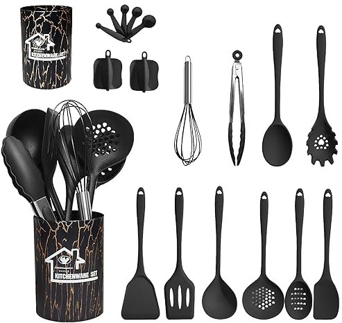Set di utensili da cucina, 18 pezzi, set di utensili da cucina in silicone, set di utensili da cucina per pentole antiaderenti, lavabili in lavastoviglie, resistenti al calore, indispensabili per casa