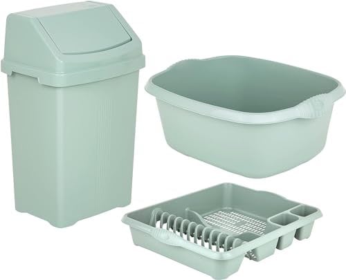 JMS we create smile - Set of 3 Plastic 50L Litre Swing Bin + Large Dish Drainer + Rectangular Washing Up Bowl Multipurpose Drying Rack Organizer Office Home & Kitchen Accessories (Silver Sage)