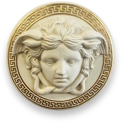 Wandrelief Wandbild Medusa Kopf Mäander Weiß-Gold Antik Stil 20.cm Handbemalt Retro Vintage Griechischer Kopf zum Aufhängen
