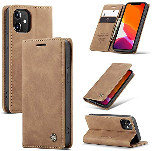 FERLAN Wallet Serie Handyhülle für iPhone 12 Mini Hülle,Leder Klappbar Flip Case Cover 360 Stoßfeste Case für iPhone 12 Mini,Braun