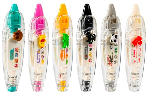 6pcs Stylo Décoratif de Type Presse Animale, 6 Styles Stylo à Ruban de Poche Blanc Mignon Dentelle Dessin Animé Stylo à Rouleau de Ruban Correcteur pour Bricolage Journal Intime Scrapbooking