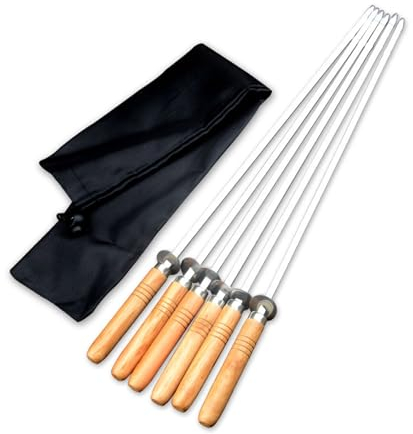 MONOJLY 6 Stück Grillspieße aus Edelstahl mit bequemen Holzgriffen, flache Metall-Schaschlikspieße, leicht zu reinigen