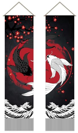 AHANDMAKER 2 Stück Retro Yin Yang Karpfen Wandteppiche Karpfen Vertikaler Böhmischer Wandteppich Yin Yang Karpfen Quaste Wandteppich Wandbehang Für Schlafzimmer Wohnzimmer Zuhause, 13 x 51 Zoll
