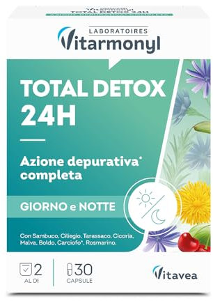 Total Detox 24H - Drenante Forte e Veloce - Depurativo Fegato e Intestino - Azione Detox Giorno e Notte - Stimola Metabolismo e Digestione - 30 Capsule - Vitarmonyl