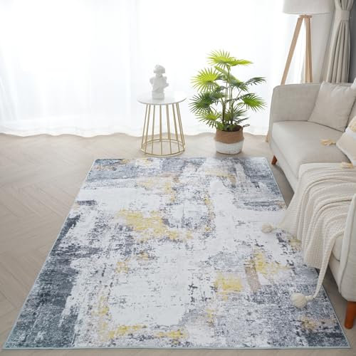 Xfrog Abstrakter Moderner Waschbarer Teppich für Wohnzimmer, Kurzflor Flächenteppich für Schlafzimmer, Kinderzimmer Gold-Grau 200x300CM