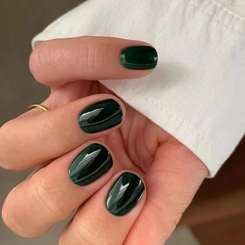 Boloshine French Tip False Nails - 24Pcs Full Cover Glossy Stick-On, 12 Sizes Short Press-On Fake Nails, French Manicure Glue-On for Women Girls Nail Art Accessories (Emerald Green)