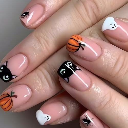 24 Pièces Halloween Faux ongles Court Carré Français Press on Nails Nude Acryliques Pleine Couverture Ongles à Coller Citrouille Fantôme Faux ongles avec Autocollant à Ongles pour Femmes et Filles