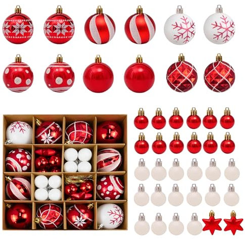 MytaYt 42 Stück Weihnachtskugeln Plastik Baumkugeln Rot Kunststoff Christbaumkugeln Rot Weiß Plastik Weihnachtskugeln Rot Weiß Weihnachtsbaumschmuck Kugeln für Weihnachtsdeko Außen Innen (6cm,3cm)