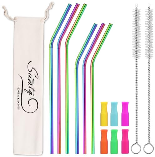 SUNTQ Stanley Lot de 6 pailles en acier inoxydable pour tumbler Stanley Cup - Réutilisables - Avec pointes en silicone et brosse de nettoyage (6 x 265/305, arc-en-ciel)