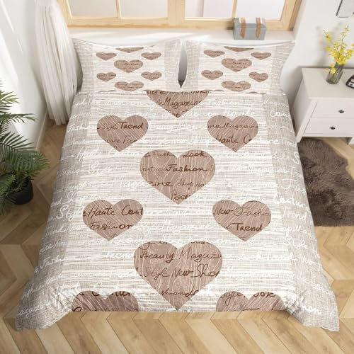 Homemissing Double Lover Duvet Cover beige brown female girl wood grain bedding set text print couple heart pattern Duvet Cover retro romantic set bedroom decoration