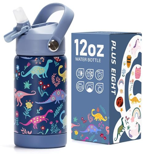 pluseight Kids Insulated Water Bottle with Straw Lid, 350ml BPA-FREE Double Wall Vacuum Tumbler 18/8 Stainless Steel Leak Proof Kids Cups with Straw for School Travel Boys Girls (Dinosaur)