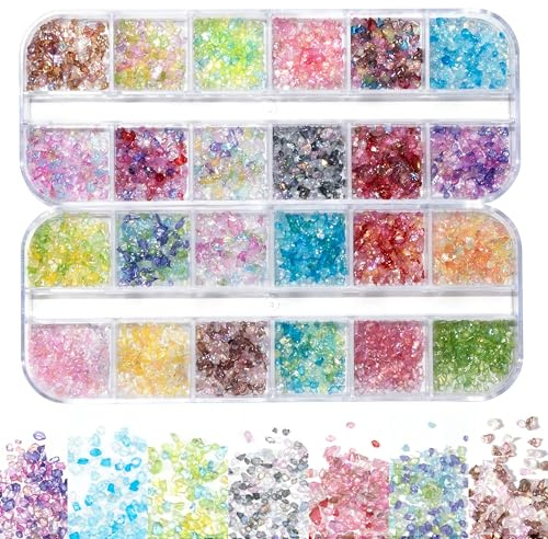 Resiners Zerkleinertes Glas für Kunstharz-Bastelarbeiten, 24 Farben, schillerndes Glas, Glitzer, zerbrochene Glasstücke zum Basteln, Kristallsplitter, Harzfüller für Nagelkunst, DIY, Handyhüllen