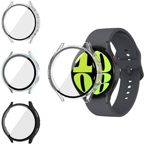 3 Unidades Funda con Protector de Pantalla para Samsung Galaxy Watch 7 44mm, Carcasa de Protección Total con Cristal Templado 9H, Alta Sensibilidad y Acceso Completo, Transparente, Negro, Plateado