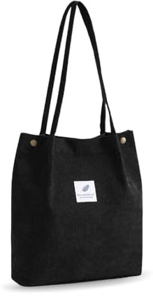 YZROHYI Stoff Tragetasche Cord Groß, Tasche Shopper Umhängetasche Stoff,Stofftasche zum Umhängen,Canvas Shoulder Bag,Beuteltasche Damen Tote Bag,Schultertasche Schule Handtasche Arbeit - Schwarz