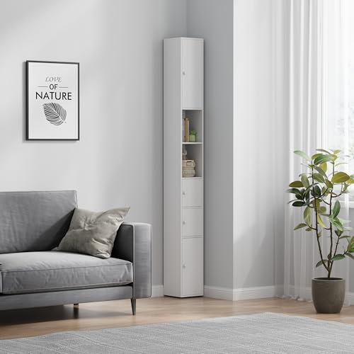 Menaka Tall Slim Bathroom Storage Cabinet White with Wood Shelves and Door, Corner Tallboy Cupboard Living Room Bookshelf Bookcase (180cm cabinet)