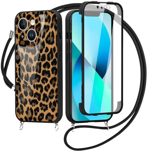 Saqmkil 360 Degré Coque pour iPhone 13 6,1'' avec Cordon avec Transparent Protection d'écran Intégré, Aesthetic Motif Etui avec Réglable Collier, Portable Lanyard Full Body Housse Cover, Léopard 01
