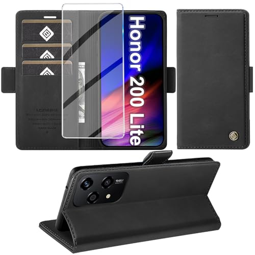 Giyer Cover per Honor 200 Lite Custodia con Vetro Temperato, Premium Pelle PU Portafoglio Slot per Scheda RFID Antifurto Funzione Supporto Flip Case, Antiurto per Honor 200 Lite 5G Cover (Nero)