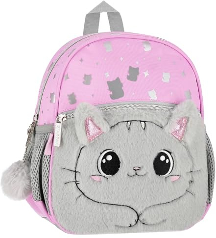 sarcia.eu Kleiner Kindergarten Rucksack KATZE für Mädchen, Plüsch, mit Ohren und Reflektoren, REISE 26x23x9 cm (Rosa Kätzchen)
