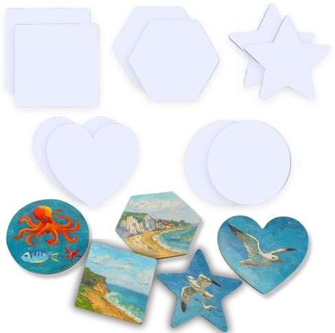 EXERZ Magnetische Mini Leinwände – DIY Basteln für Kinder & Erwachsene | Kühlschrankmagnete & Deko - Set mit 10 | 75mm Formenmix Rund, Hexagon, Herz, Quadrat, Stern | Weiß, bereit zum Streichen