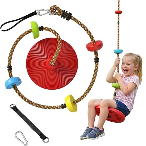 AIYAPLAY Kletterseil Schaukel Baum Kinderschaukel mit Plattform, Scheibenschaukel Sitz Outdoor Spielset Ausrüstung für 3-8 Jahre Kinder Rot