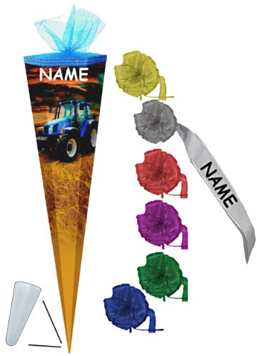 alles-meine.de GmbH Schultüte - Traktor blau 70 cm - incl. Namen und individueller Schleife mit Tüllabschluß - mit/ohne Kunststoff Spitze - Zuckertüte Traktoren Jungen Auto AUT..