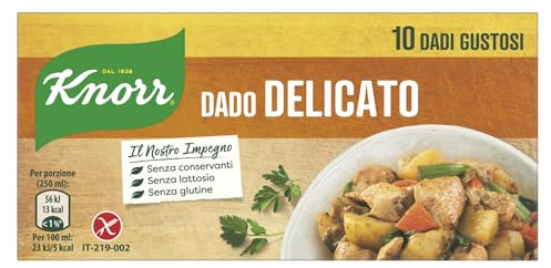 Knorr Dado Delicato, Dado Gustoso con Verdure da Agricoltura Sostenibile, Basso Contenuto di Grassi, Senza Glutine, Lattosio, Coloranti e Conservanti, 10 Dadi Gustosi