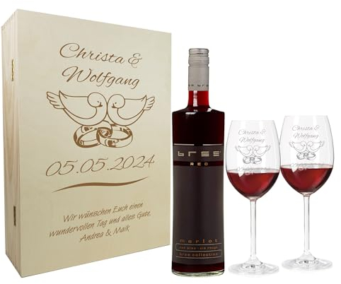 laser-diele Geschenk zur Hochzeit – Wein Geschenksets – Weinglas mit Gravur – Geschenke für Paare – Rotwein – Tauben und Ringe
