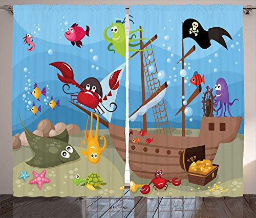 ABAKUHAUS Pirat Rustikaler Gardine, Schiff Unterwassertiere, Schlafzimmer Kräuselband Vorhang mit Schlaufen und Haken, 280 x 245 cm, Aqua Rot