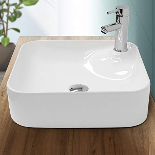ECD Germany Waschbecken Waschtisch 435 x 435 x 125 mm aus Keramik Weiß - Aufsatzbecken Aufsatzwaschbecken Handwaschbecken Aufsatzwaschtisch Spülbecken Becken Wasserfall Waschschale Waschschüssel