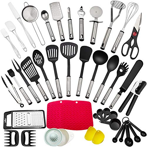Ustensiles de Cuisine en Acier Inoxydable et nylon, Set d'accessoires de Cuisine de 43 pièces, Set d'Ustensiles de Cusine Ensemble Comprend Spatule, Cuillère, Fouet, Cuillère à pâtes.
