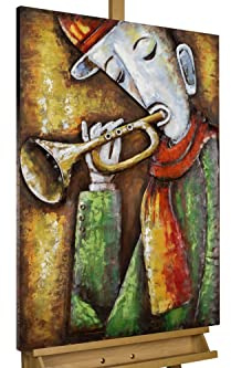 KunstLoft Metallbild 3D | 100% HANDGEFERTIGT | 60x90x5,5cm | Wandbild Metall Deko 'Spiel der Trompete' | Musik | Gelb Grün | Metall Wanddeko Wohnzimmer