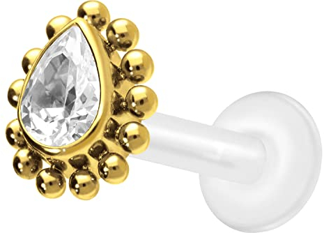 PIERCINGLINE PTFE Labret mit Innengewinde | TITAN AUFSATZ KRISTALLTROPFEN | Piercing Lippe Nase Ohr Helix | Farb & Größenauswahl