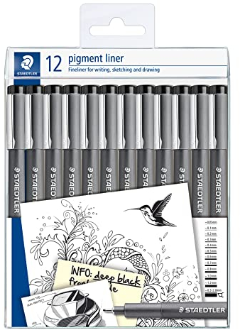 STAEDTLER schwarze pigment liner in unterschiedlichen Linienbreiten, dokumentenechte Pigmenttinte, lange Metallspitze, lange Lebensdauer, 12 Liner in 12 Linienbreiten, 308-9 TB12