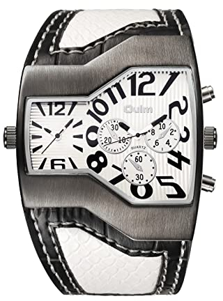 JewelryWe Herrenuhren Analog Quarz Zwei Zeitzonen Armbanduhr Weiß Breit Leder Armband Sportuhr Männer Uhren mit Digital Zifferblatt Geschenk