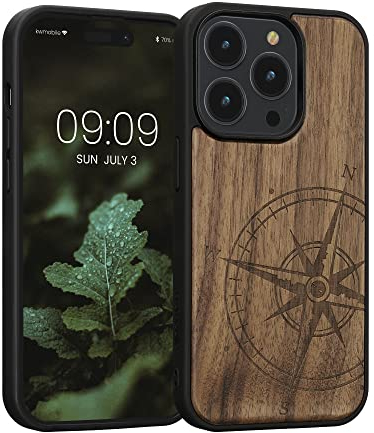 kwmobile Custodia Compatibile con Apple iPhone 14 PRO Cover - Back Case in Legno con Bumper in Silicone TPU - Bussola Vintage Marrone Scuro