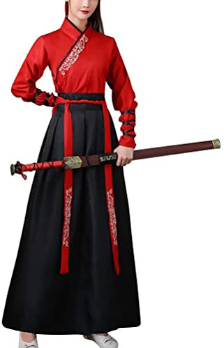 Chinesisches Schwertmann Kostüm Traditionelles Hanfu Outfit Antike Tang Dynastie Cosplay Frauen Männer Kampfsport Verkleidung (Schwarzes Kleid + rotes Oberteil, XL)