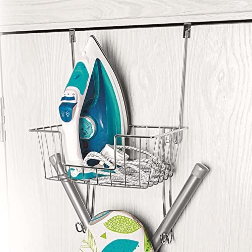 AAMEN Over Door Storage Iron & Board Holder, Ironing Board Holder Wall Mount, Hooks Over Back Of Door Kitchen Holder, Chrome Effect Finish, Basket For Your Iron & Accessories, (27x25x19cm)