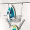 AAMEN Over Door Storage Iron & Board Holder, Ironing Board Holder Wall Mount, Hooks Over Back Of Door Kitchen Holder, Chrome Effect Finish, Basket For Your Iron & Accessories, (27x25x19cm)