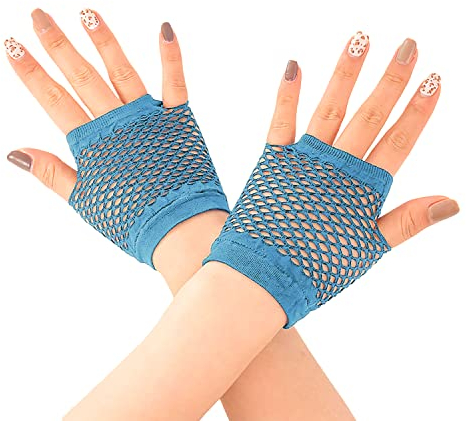 HD Novelty Fingerlose Netzhandschuhe Diva Damen Schwarz 80er Retro Vintage Nylon Dehnbare Netzhandschuhe für Kinder Mädchen Tanzen Disco Kostüm Partys Zubehör Zubehör Türkis