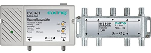 Axing BVS 3-01 Hausanschlussverstärker mit Rückkanal 5-30 MHz (30 dB, 47-862 MHz, 98 dBµV) & BVE 8-01P 8-Fach Verteiler Kabelfernsehen CATV Multimedia DVB-T2 Klasse A+, 10dB, 5-1218 MHz Metall