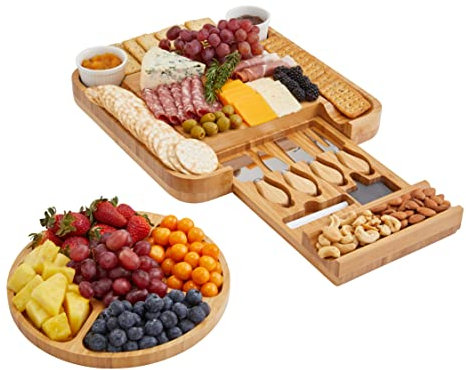 JumblWare Tabla de queso de bambú y plato de frutas. El combo de charcutería incluye servidor de queso y carne de madera con juego de cuchillos, bandeja para servir, cuencos de cerámica, etiquetas de