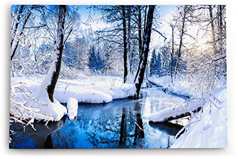 Wandbild 120x80cm Bach im Wald Winter Schnee Winterlandschaft Weiß