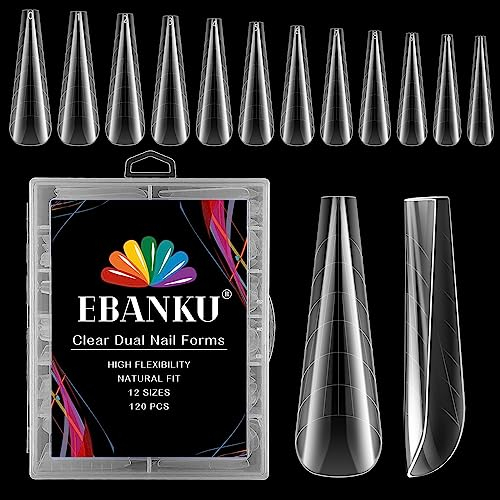 EBANKU 120 PCS Clear Dual Nail Forms System Flat Coffin Nail Mold Tips Acrylic Stiletto Nail Extension Tools for Nail Art Salon Nails Design